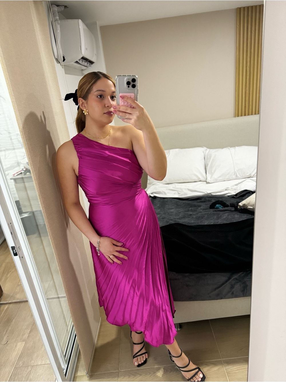 MOTF Fuchsia One-Shoulder Pleated Midi Dress